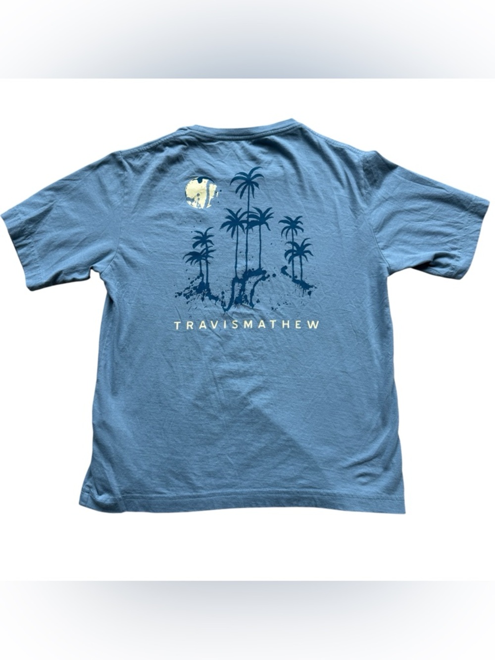 TravisMathew Blue Graphic Tee Palm Tree Island Surf Golf Casual Coastal Shirt M